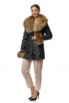 Зимняя женская кожаная куртка из натуральной кожи с воротником, отделка енот