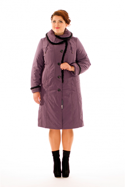 Женское пальто из текстиля с капюшоном, отделка норка 8015936